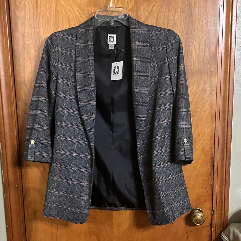 Anne Klein Gray Plaid Open-Front Blazer with spicy orange Windowpane
